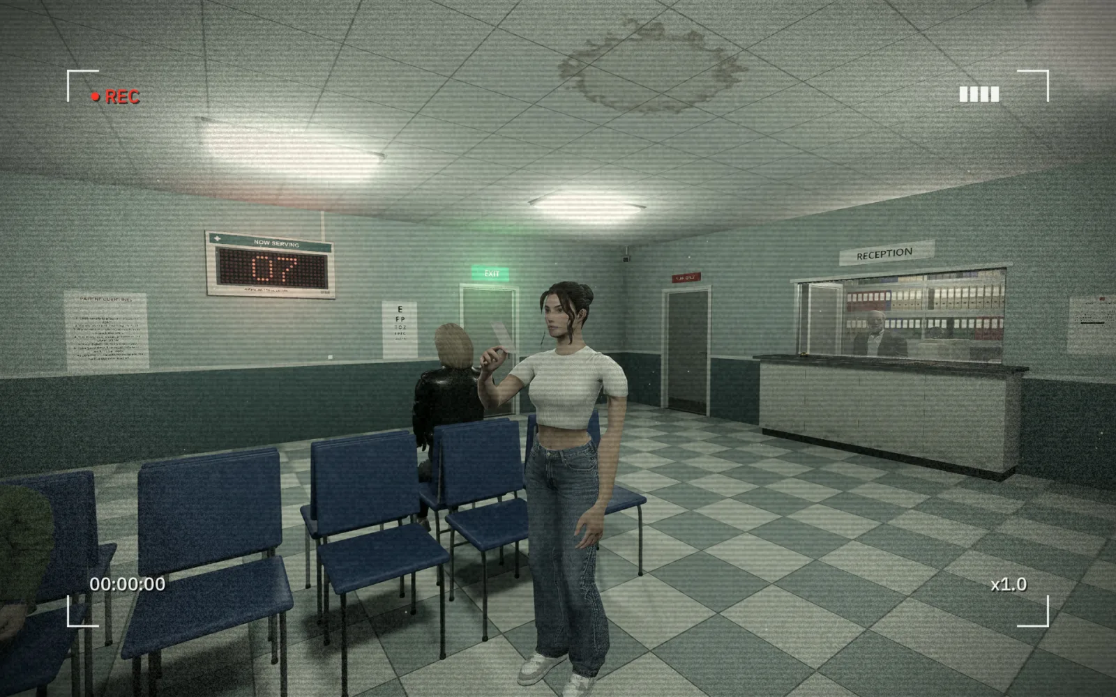 Edward's camcorder recording Martha in the waiting room